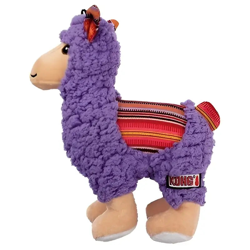 Purple plush kong sherps llama medium toy with colorful striped blanket and tan feet featuring kong brand logo