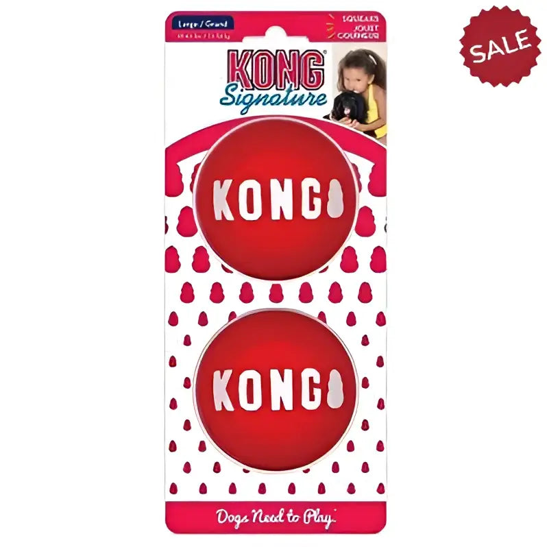 Red kong signature balls x2 large dog toy balls with white lettering for durable fetch play