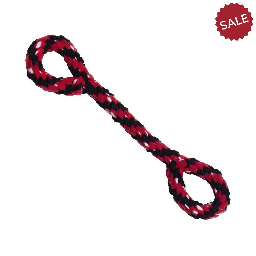 Red and black braided kong signature rope dog toy with looped ends for double tug play 22 inches long