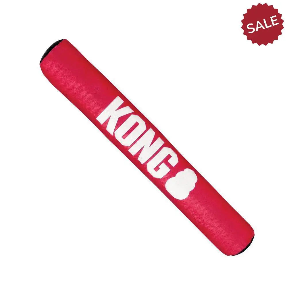 Red kong signature stick l dog toy with white lettering and paw print logo made of durable rubber