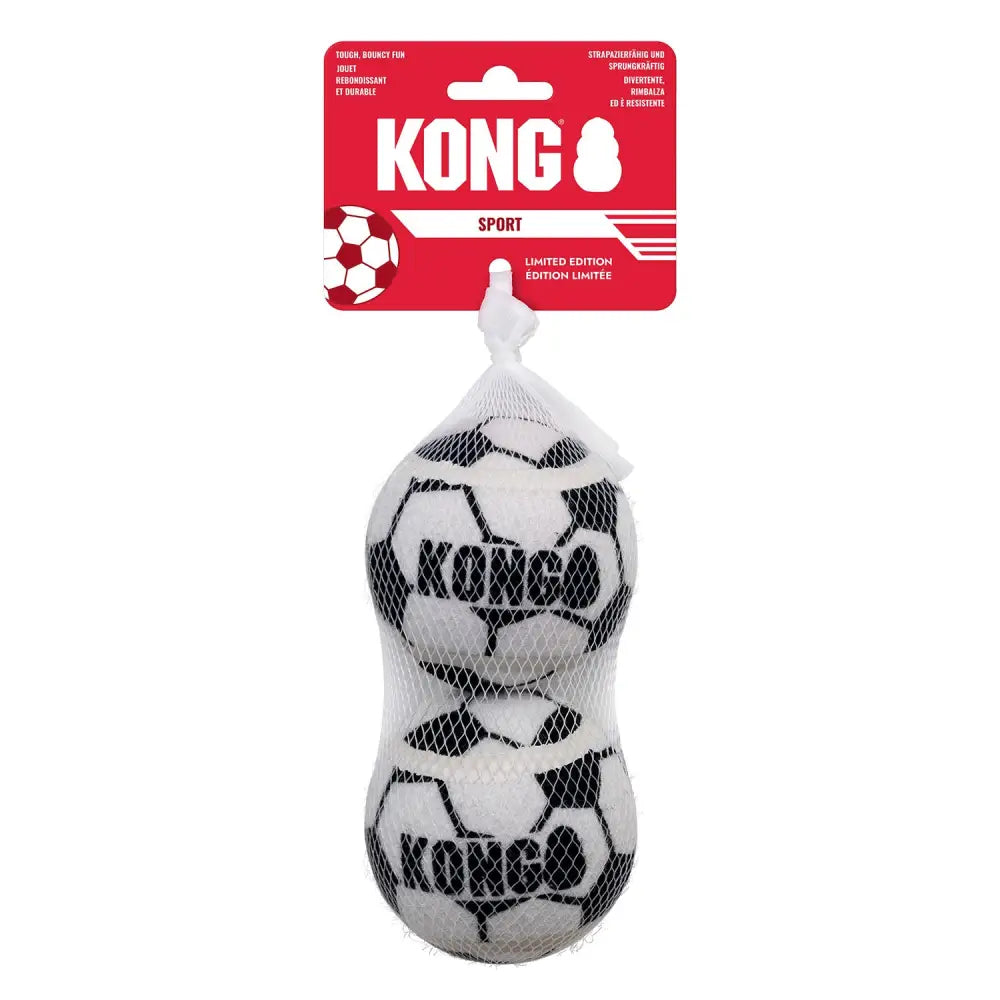 Black and white kong sport soccer balls with rubber walls packed in clear mesh bag for easy storage and play