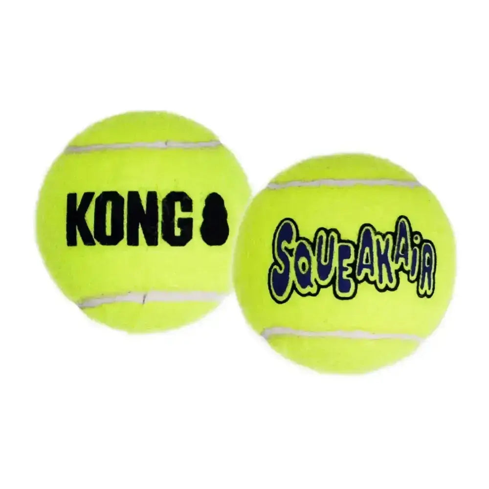 Bright yellow kong squeakair ball and squeakair ball designed as durable perfect fetch toy for pets