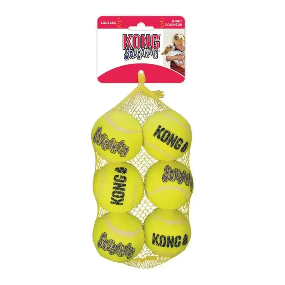 Bright yellow kong squeakair balls pack with squeakair balls combines two classic dog toys in a mesh bag