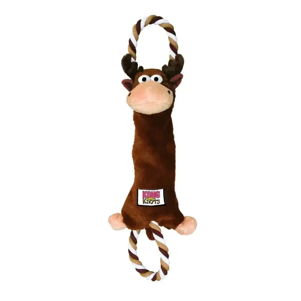 Brown plush kong tuggerknots moose dog toy with striped rope handles and interactive tug design for dogs