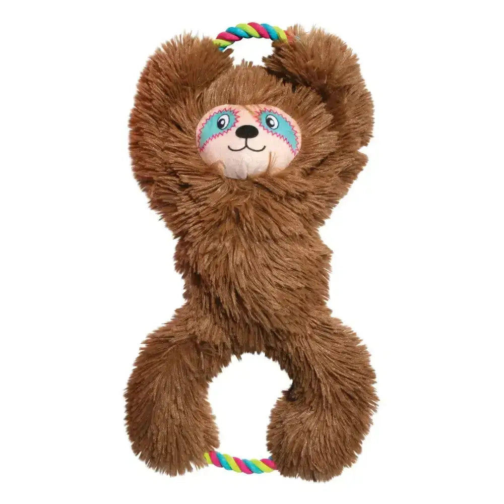Brown plush kong tuggz sloth dog toy with rainbow rope handle perfect for extra long tugging and tossing play sessions