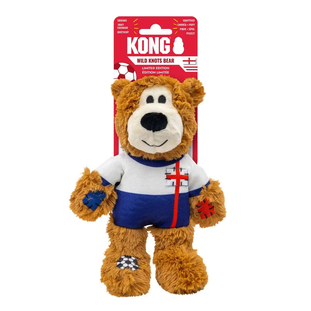 A plush brown kong wild knots teddy bear in a white and blue knots sport eng outfit with english flag patches and internal knotted rope