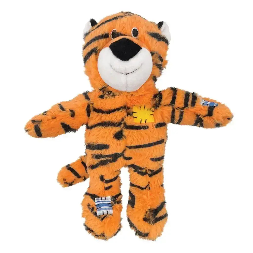 Orange and black striped plush kong wild knots tiger dog toy with white face and stitched smile satisfies dogs natural instincts