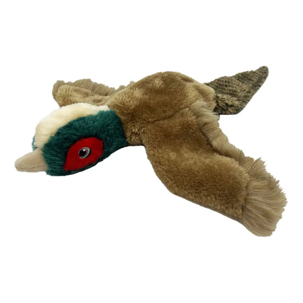 A kong wild low plush toy pheasant with a brown body green head red eye patch and white crest perfect for dogs