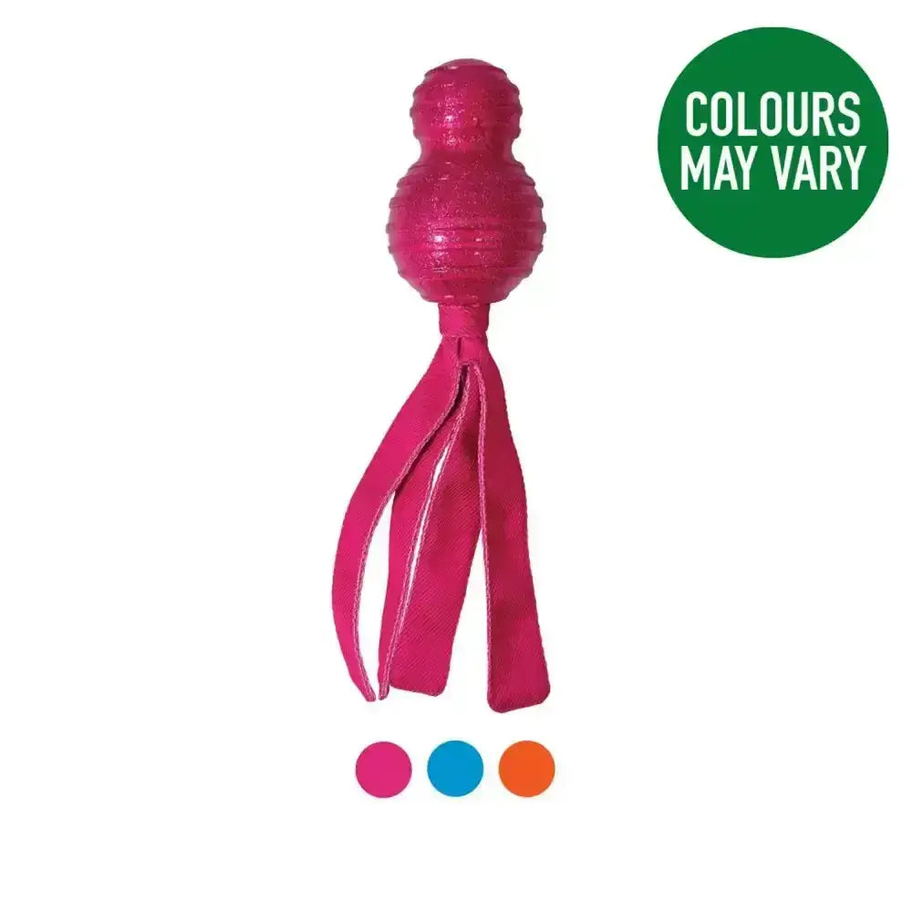 Bright pink textured rubber dog toy with fabric tentacles perfect for play from kong wubba comet line