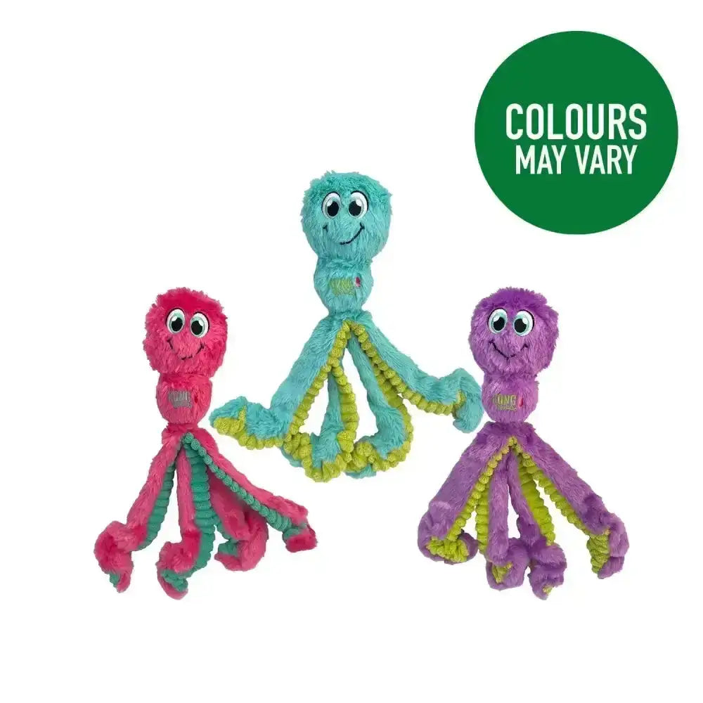 Three kong wubba octopus plush toys in vibrant pink teal and purple with greenish yellow tentacles for playful fun