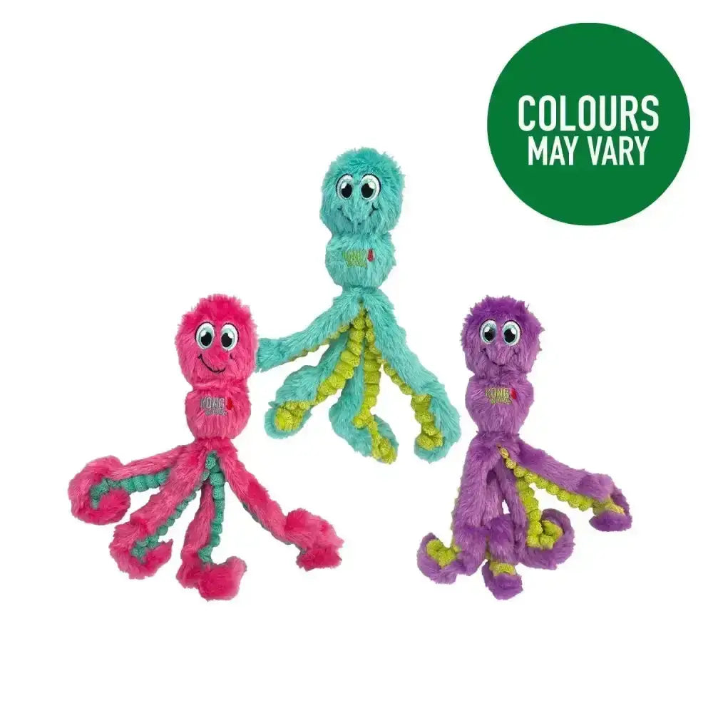Three plush kong wubba octopus dog toys in pink teal and purple with green tipped tentacles for playtime fun