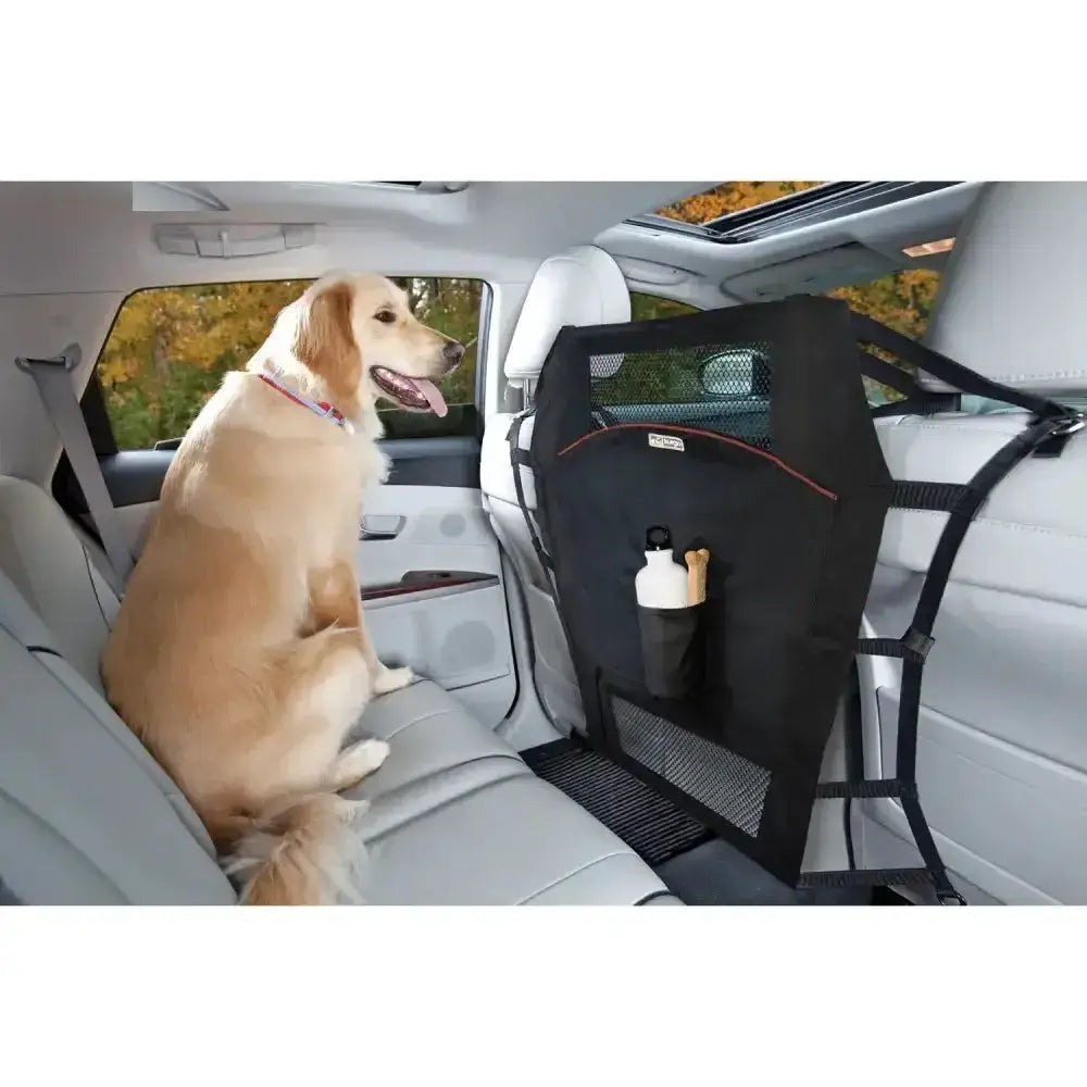 Black mesh and fabric kurgo backseat barrier with red trim cloth barrier attaches to prevent distracted driving in cars