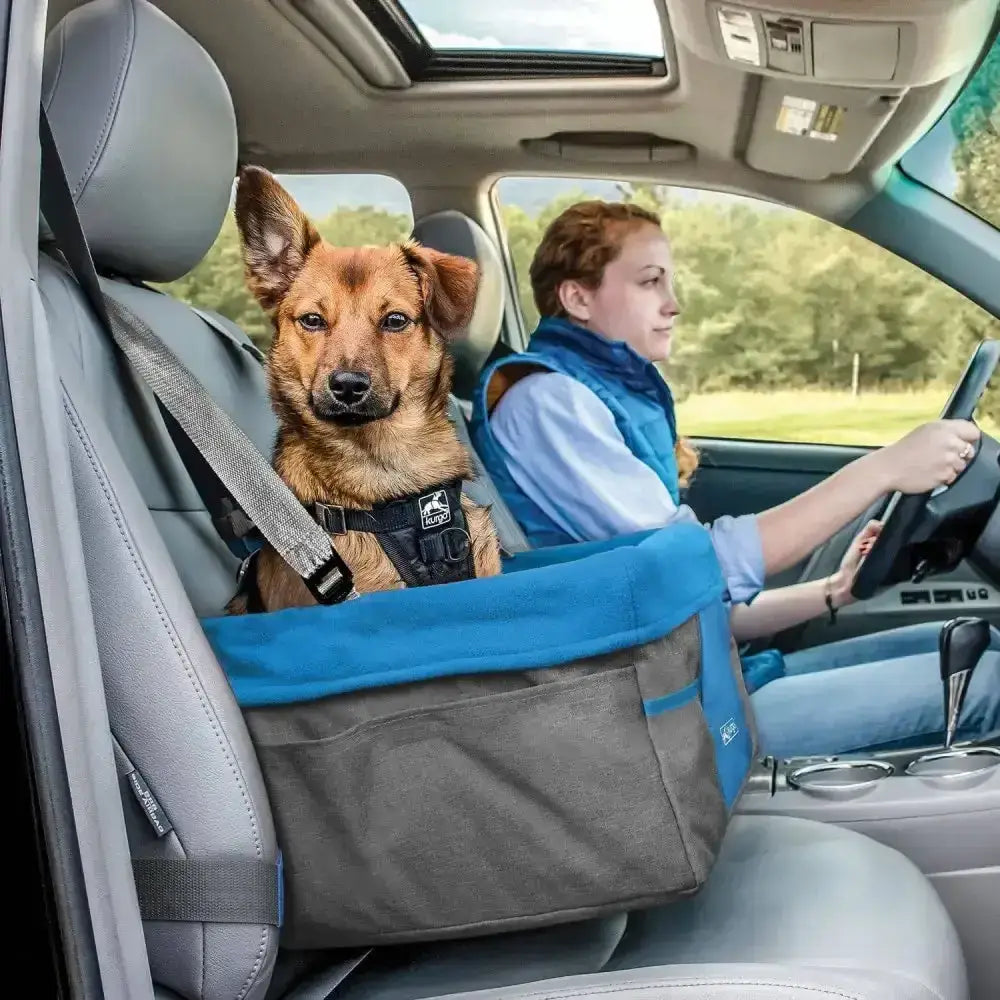 Blue and gray fabric kurgo heather booster plush booster seat with black harness strap for pet car travel