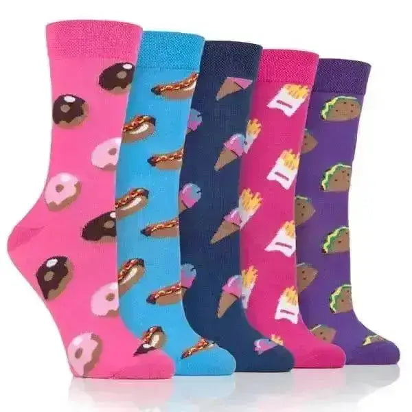 Ladies dare to wear short riding socks with bright fun designs featuring donuts hot dogs ice cream fries and tacos