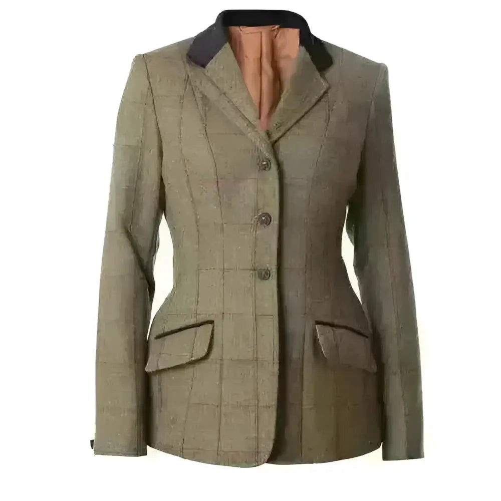 Olive green ladies launton deluxe tweed riding jacket with black collar and brown lining for stylish outdoor riding