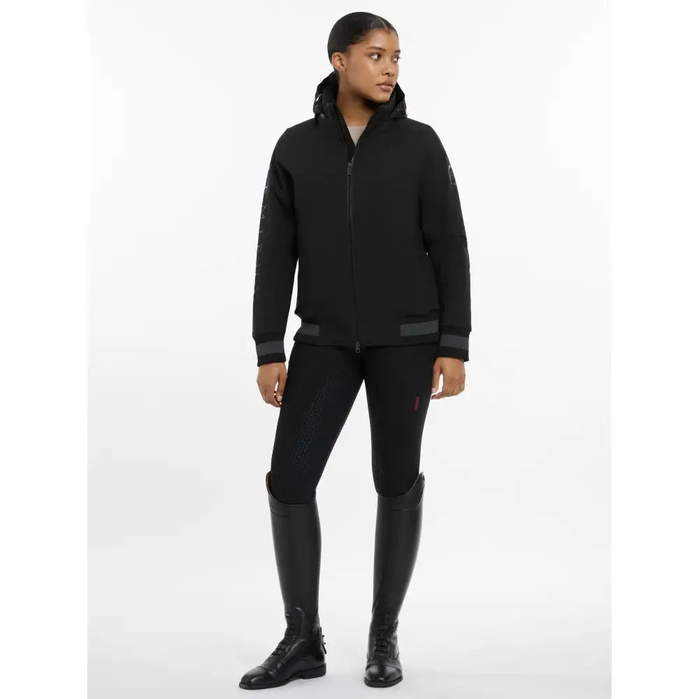 Black zip-up ladies team jacket with subtle gray trim and sleek modern design perfect for any team jacket black style