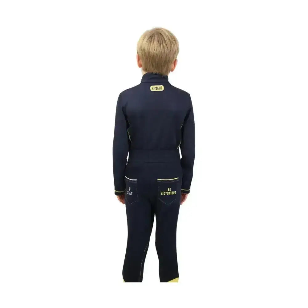 Navy base layer athletic two-piece with neon yellow trim and be victorious branding on back pockets lancelot base layer by little knight