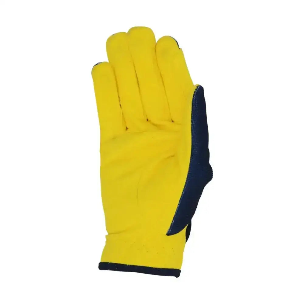 Bright yellow lancelot children’s riding gloves with amara grip palm and navy blue reinforced rein fingers and cuff