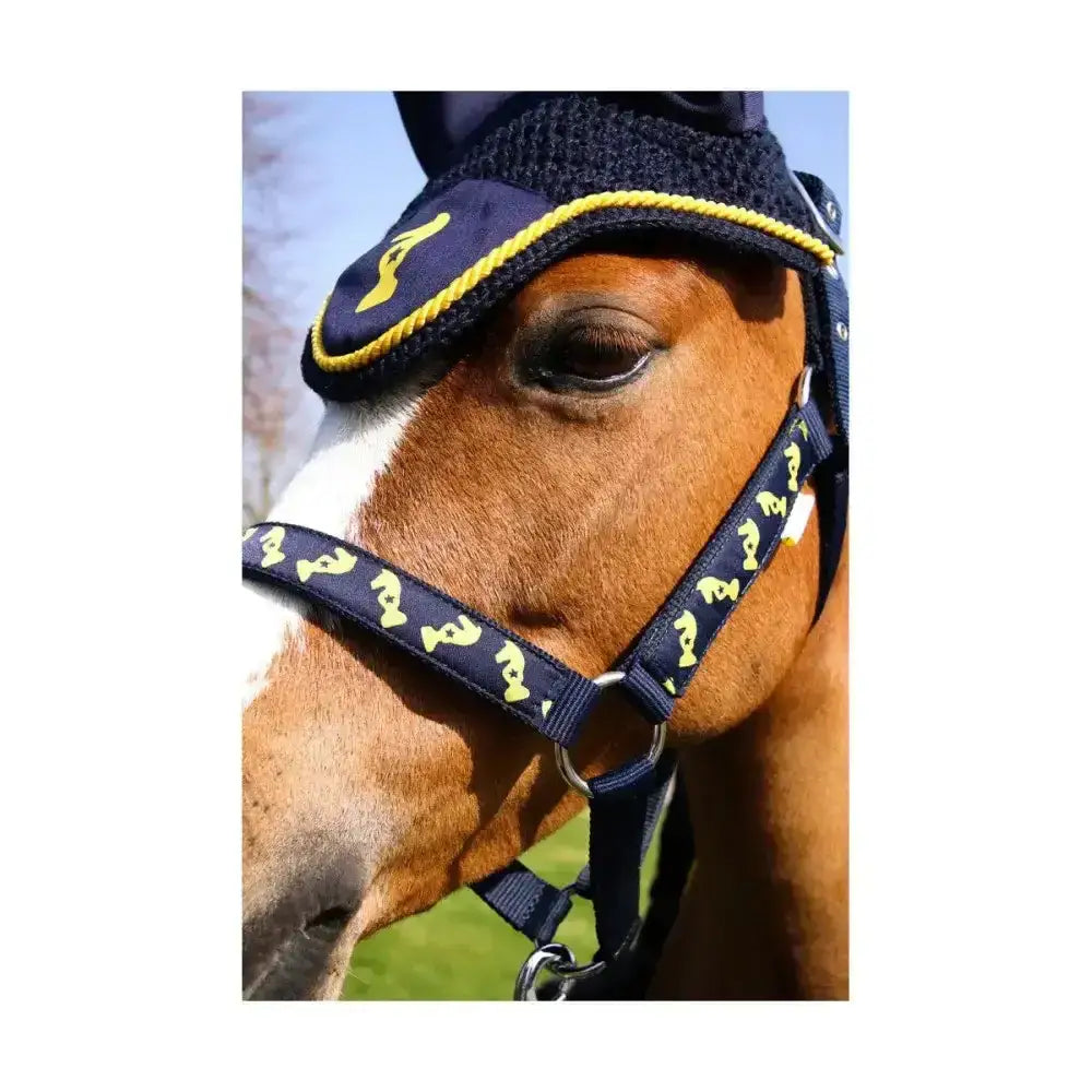 Navy blue lancelot fly veil horse ear bonnet with yellow embroidered logo and trim by little knight