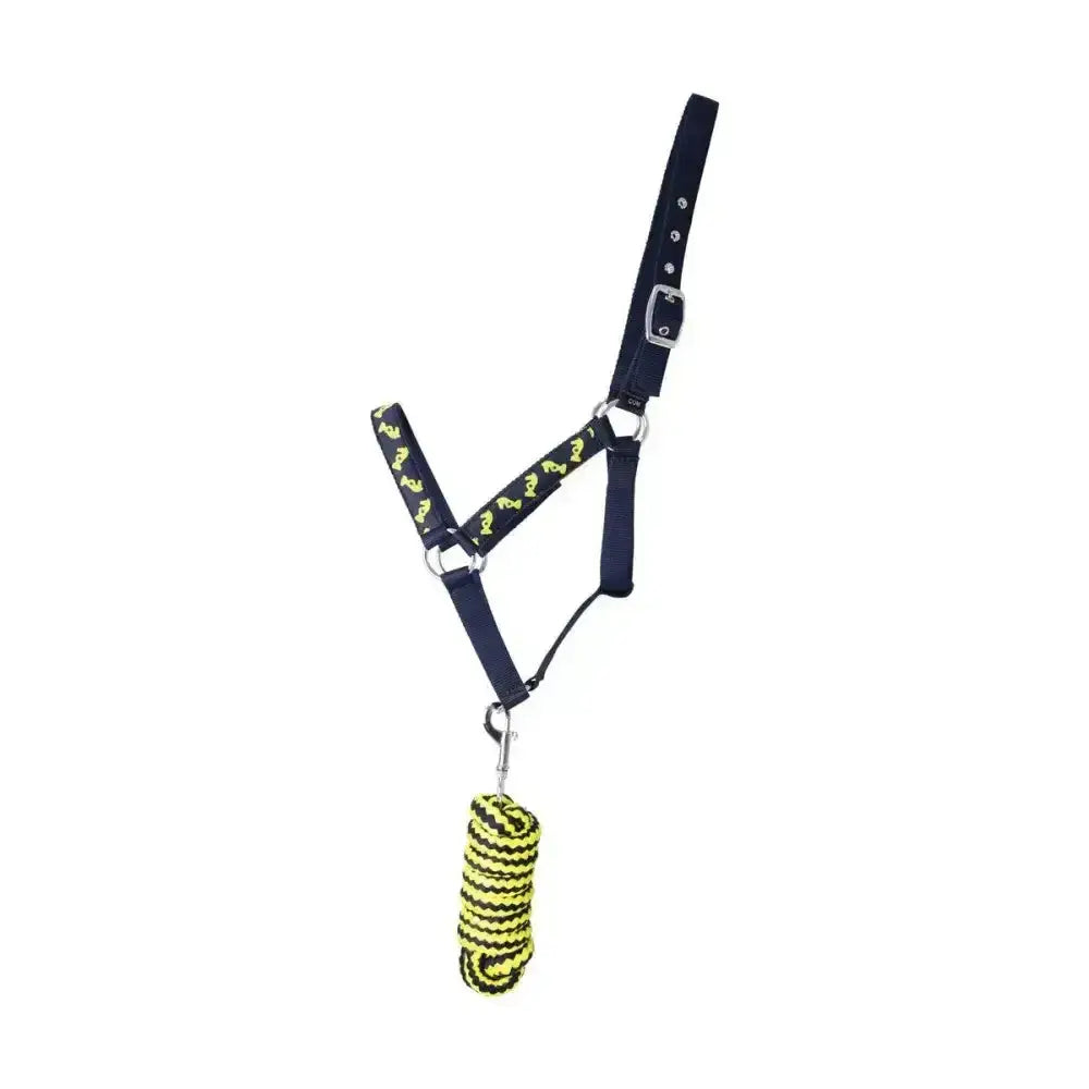 Navy head collar lancelot head collar by little knight with neon yellow horseshoe pattern and matching rope lead rope