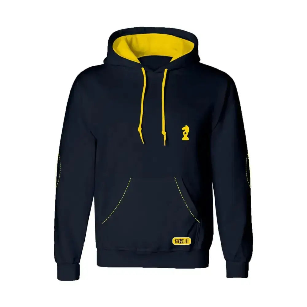 Dark navy lancelot hoodie by little knight with yellow lining and drawstrings perfect for everyday wear jumpers and hoodies