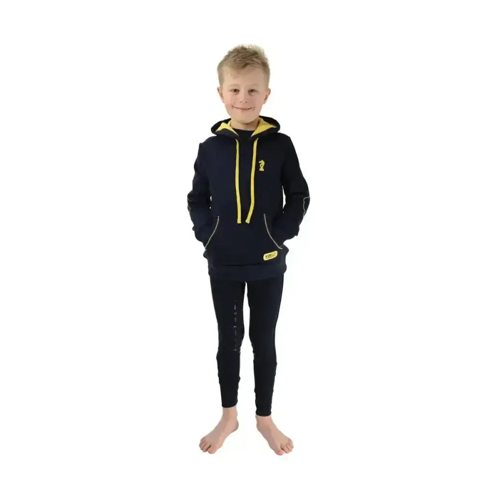 Navy blue lancelot hoodie with yellow zipper and trim featuring small embroidered logo perfect for everyday wear jumpers and hoodies