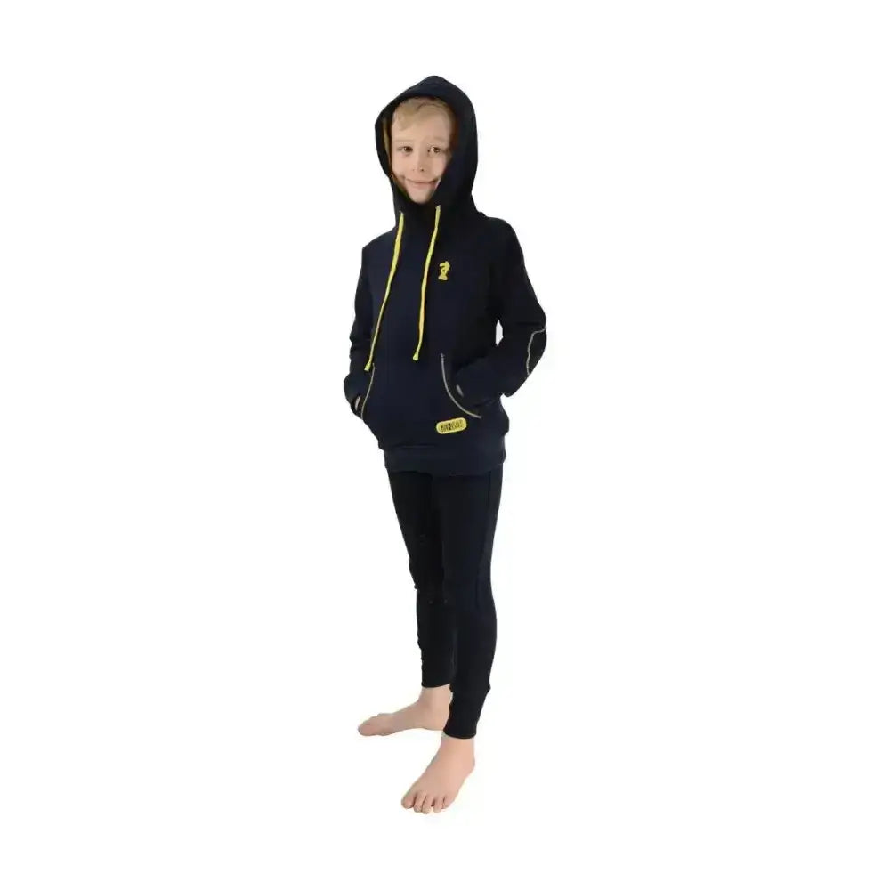 Navy blue lancelot hoodie by little knight with bright yellow drawstrings and logo perfect for everyday wear jumpers & hoodies