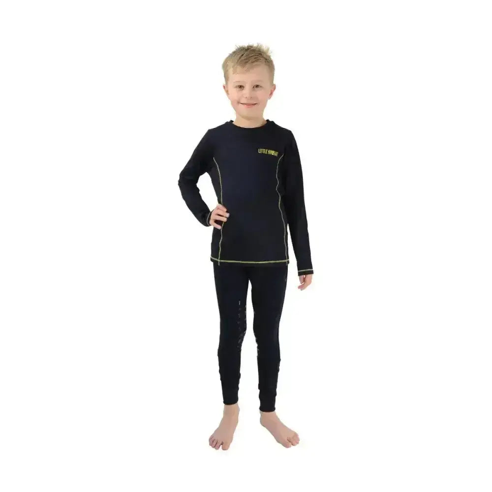 Black long sleeved lancelot top with neon yellow trim and little mermaid logo perfect base layers for active child