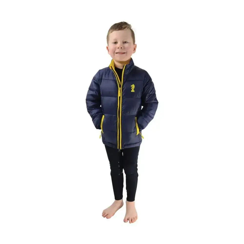 Navy blue lancelot padded jacket by little knight with yellow zipper and trim perfect for cold weather outdoor coats
