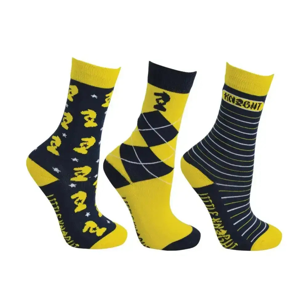 Set of three yellow and navy blue lancelot socks by little knight with bamboo moisture wicking and knight comfortable design