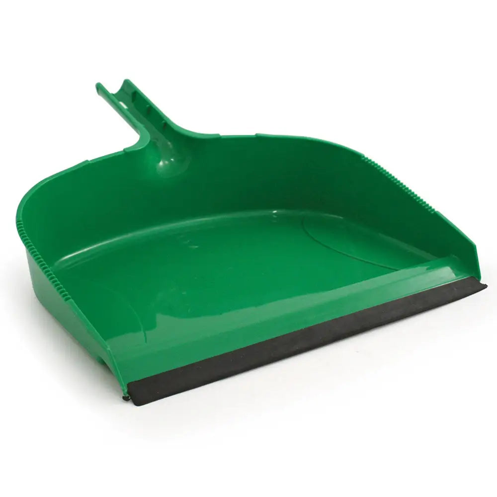 Large dustpan plastic made of green plastic with black rubber edge and integrated handle for wagon living area use