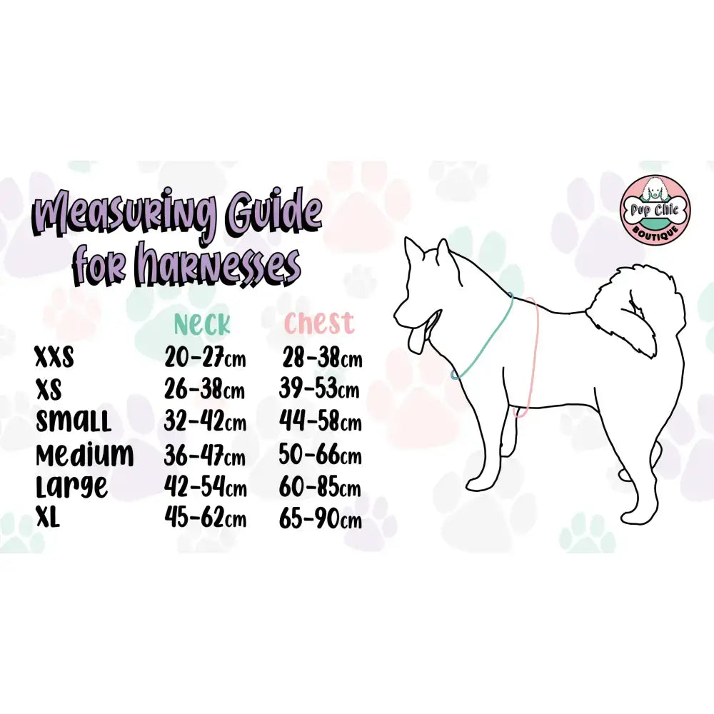 Measuring guide for lazy sloth puppy harness xxs showing size ranges in centimeters for tiny breeds