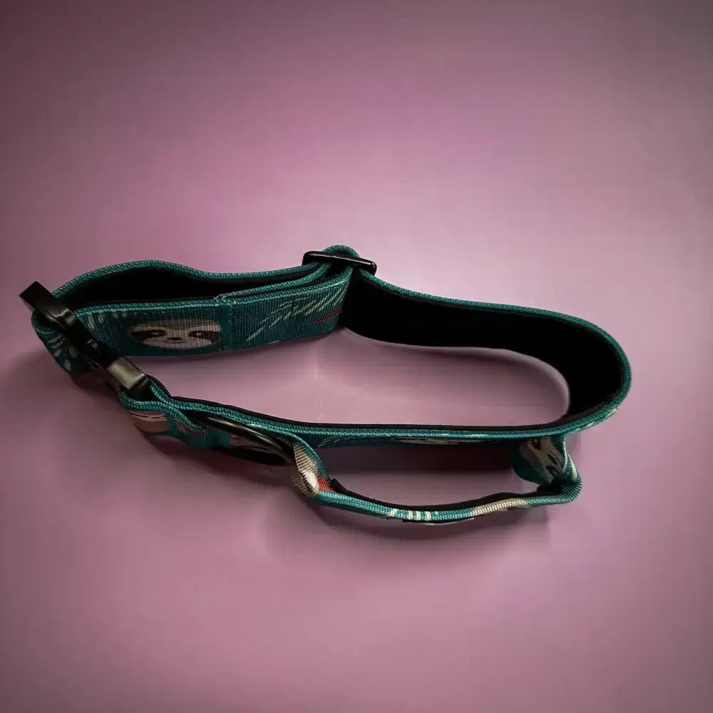 Teal and black tactical dog collar with adjustable mint green base and lazy sloth print for large dogs with handle
