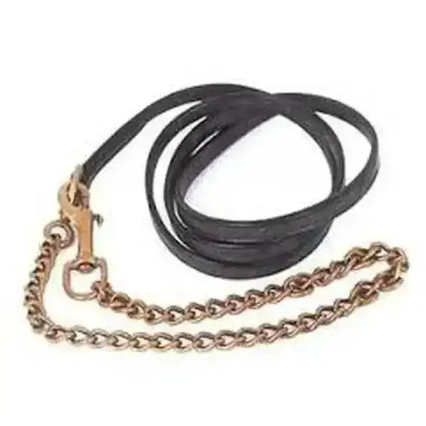 Black leather lead rein with brass chain and clip made from heritage english leather, 1/2 inch wide