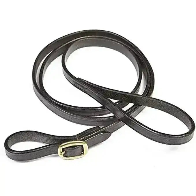 Black leather lead rein with looped end and gold toned buckle perfect for a leather leading rein