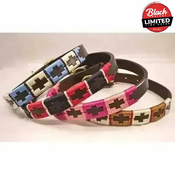 Leather Polo Dog Collar Large Turquoise / Beige / Navy Dog Collars