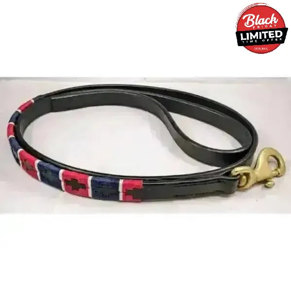Leather Polo Dog Collar Lead Medium Red / White / Blue Dog Collars