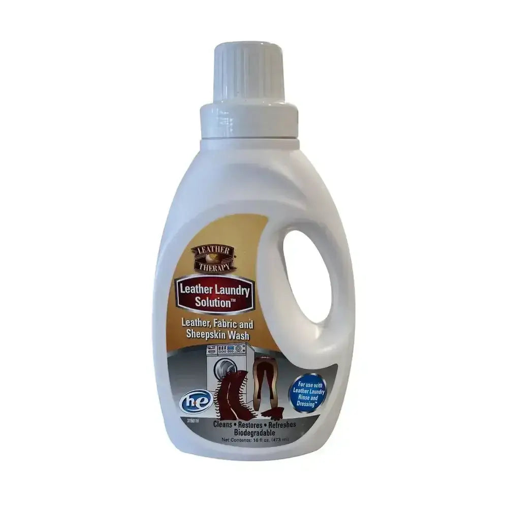 White plastic bottle of leather therapy leather laundry solution with handle and cap for cleaning leather fabric sheepskin