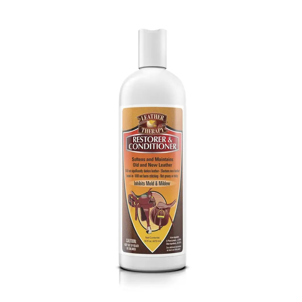 White plastic bottle of leather therapy restorer and conditioner with brown orange label featuring saddle for saddle pads care