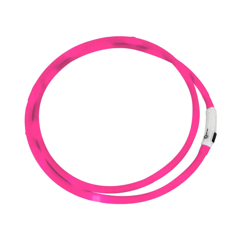 A vibrant pink led neck strap for horses with a sleek flexible design and white clasp for comfort and safety