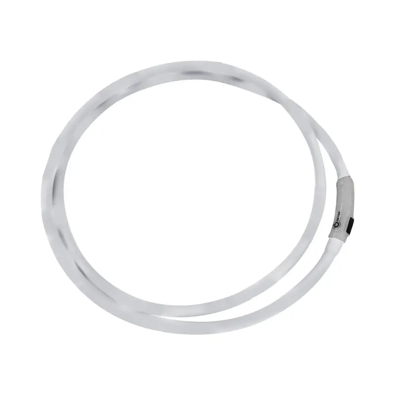 White flexible led neck strap for horses with a sleek translucent design and silver clasp for safety and style