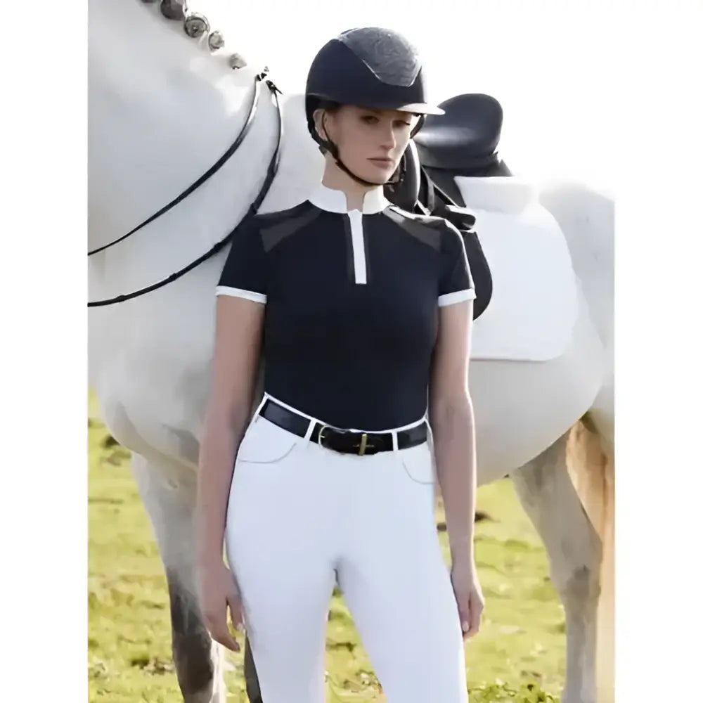 Black short sleeve equestrian shirt navy with white collar and sleeve trim lemieux camille short perfect for shows