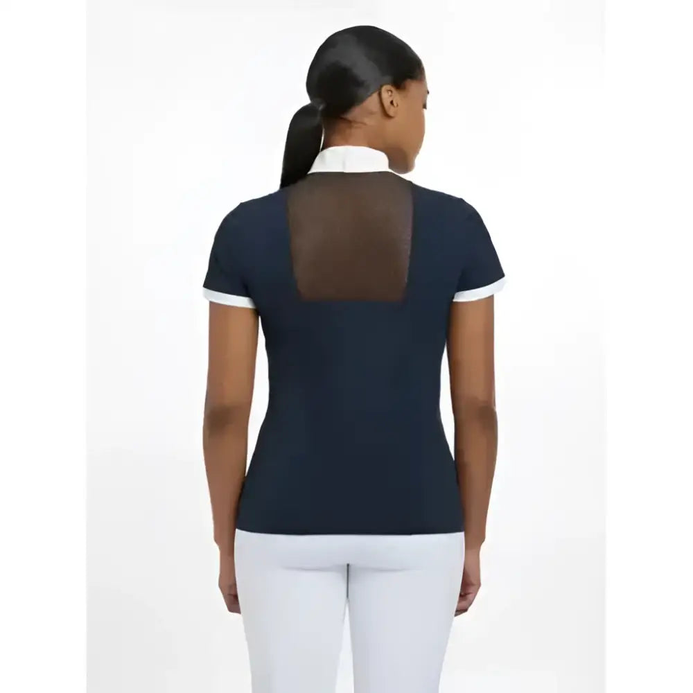 Navy blue lemeiux camille short sleeve shirt navy with white trim and brown mesh back panel for show use