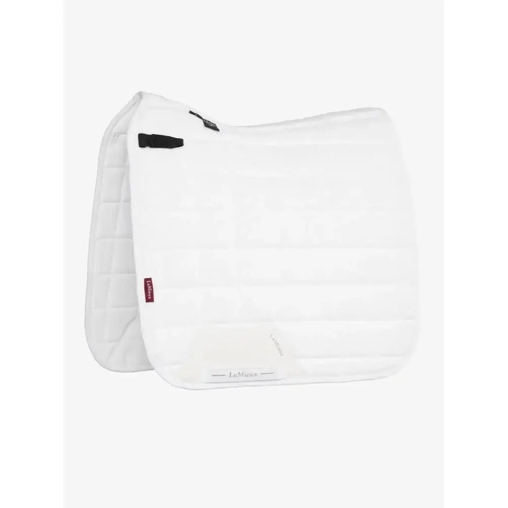 White quilted lemieux 3d mesh dressage square with black straps and red tag featuring technically advanced airflow