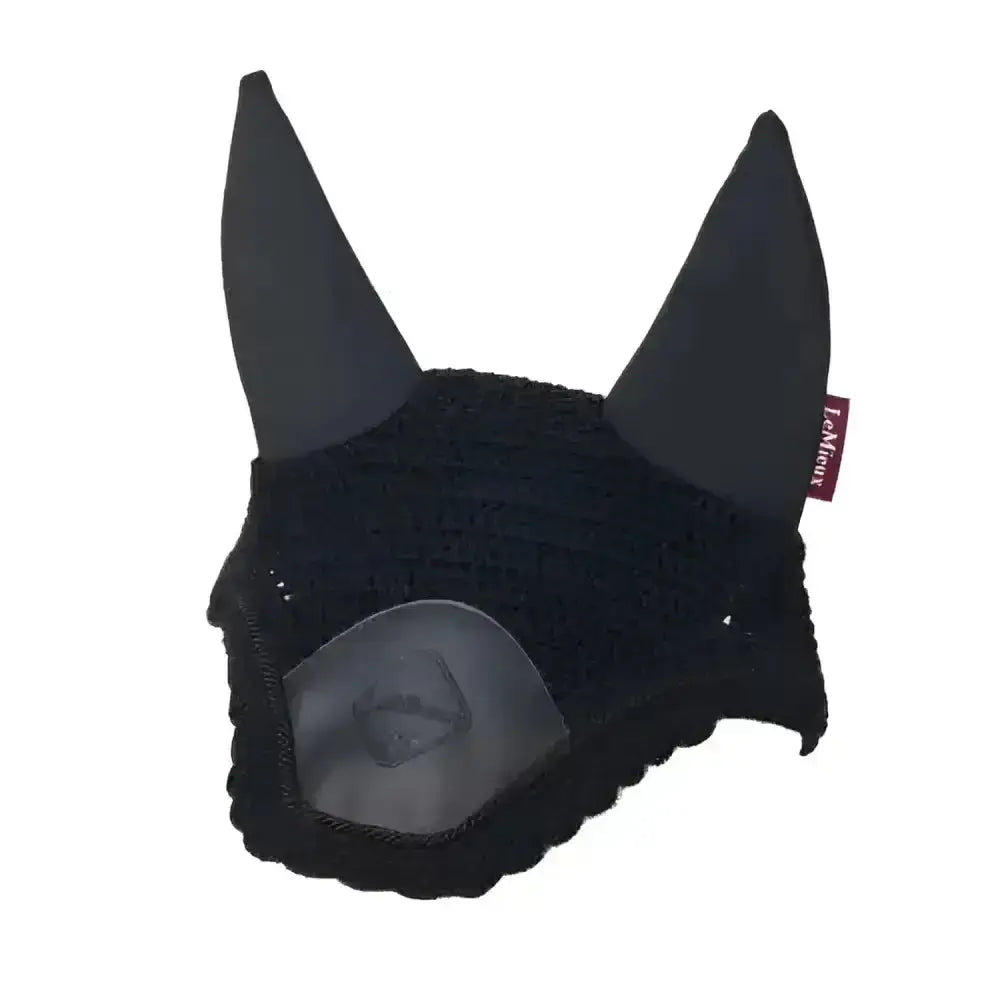 Black lemieux acoustic pro fly hood with pointed stiffened ears and lace-trimmed edge for equestrian use