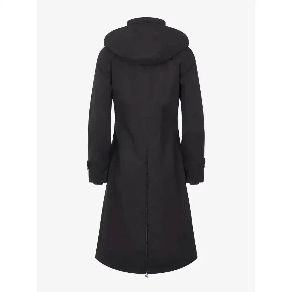 Black lemieux amelie waterproof lightweight riding coat with hood and subtle zipper detail at the hem