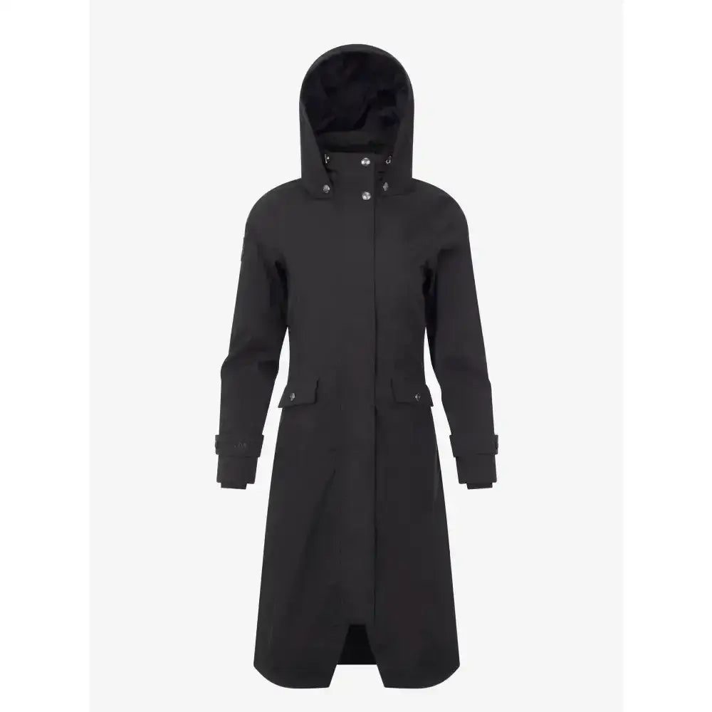 Black hooded lemieux amelie waterproof lightweight riding coat with sleek design and subtle silver buttons