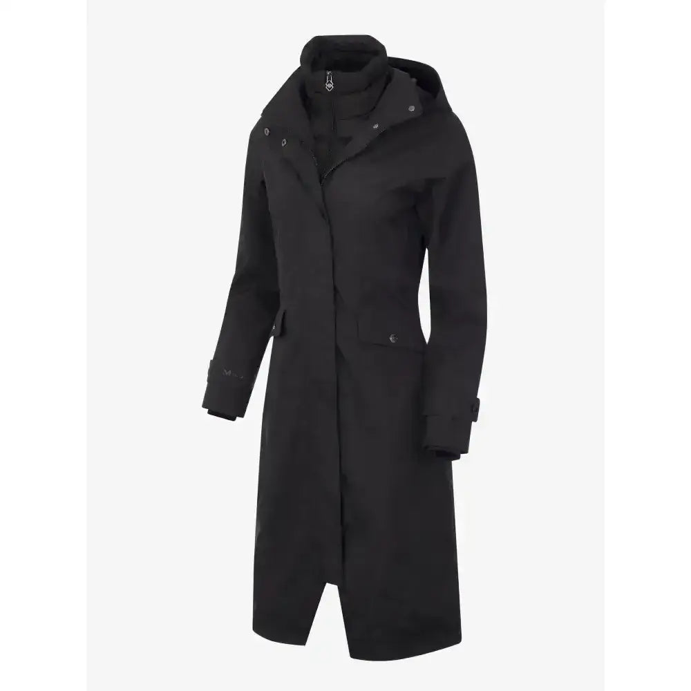 Black lemieux amelie waterproof lightweight riding coat with hood and silver zipper accents for a sleek modern look