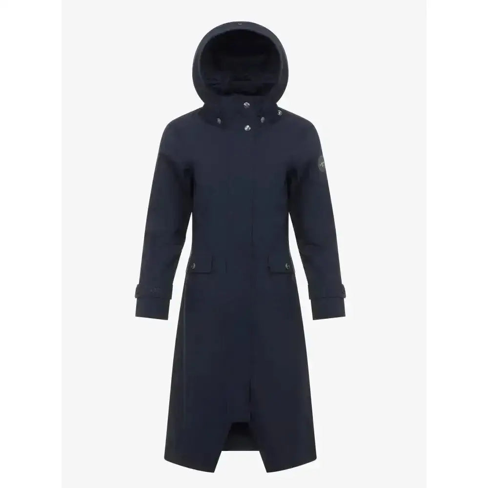 Dark navy lemieux amelie waterproof lightweight riding coat with fleece hood lining and silver buttons for rainy rides