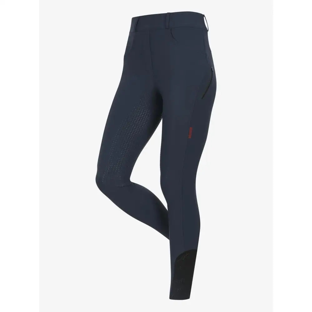 Dark navy lemieux amy breggings with subtle textured panels and small red logo on thigh for equestrian riding